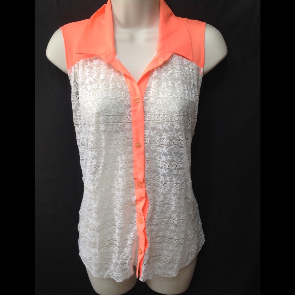 Women's size Large DEB sheer lace button-down tank